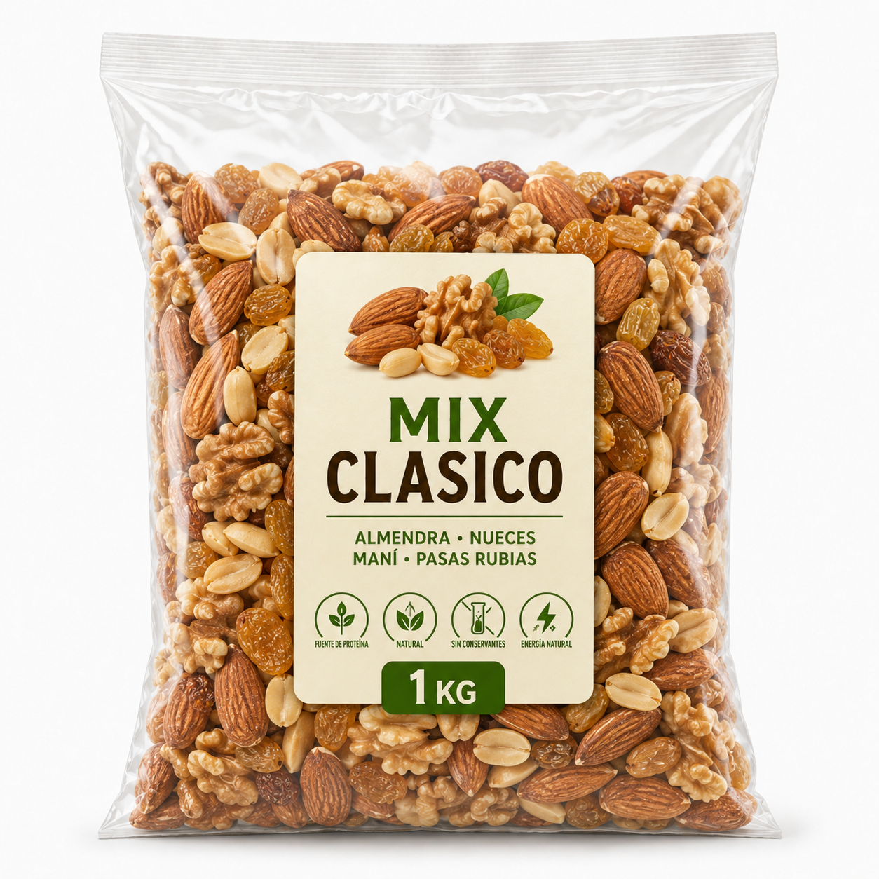 Mix clásico 1Kg (maní, almendras, pasas rubias y nueces)