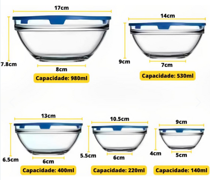 Set 5 Taper Bowl Vidrio Para Alimentos